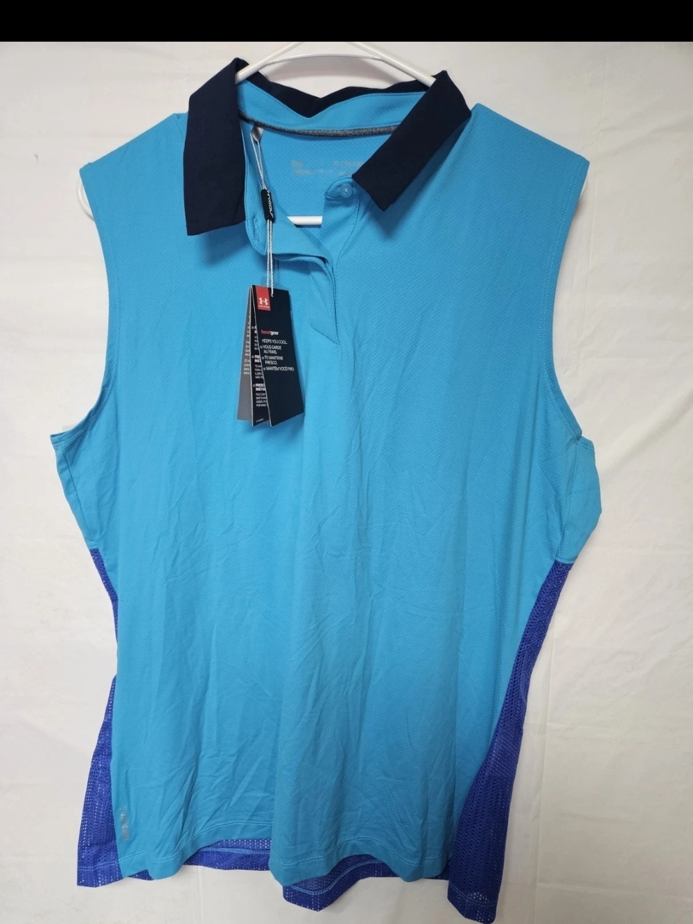 Under Armour Aqua Blue Sleeveless Golf Polo with Navy Trim